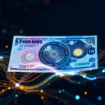 Eine schematische Darstellung einer stilisierten Banknote mit einem Dollarzeichen und der Aufschrift "000 BONS", umgeben von einem digitalen Muster und kosmischen Elementen wie Planeten und Sternen. Die Banknote ist von leuchtenden, abstrakten Lichtlinien umgeben, die sich über einen dunklen Hintergrund erstrecken.