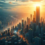 Eine Drohnenaufnahme zeigt eine beeindruckende Stadtlandschaft im Abendlicht. Hohe, moderne Wolkenkratzer dominieren die Szene, deren Glasfassaden das warme, goldene Licht der tiefstehenden Sonne reflektieren. Die Stadt erstreckt sich bis zum Horizont, wo eine neblige Dunstschicht die weite Ausdehnung andeutet. Ein Fluss oder eine breite Straße schlängelt sich durch die urbane Fläche und spiegelt die Lichter der Stadt wider. Der Himmel ist von dramatischen Wolkenformationen geprägt, die in Orange- und Goldtönen leuchten und die intensive Atmosphäre des Sonnenuntergangs unterstreichen. Die gesamte Komposition vermittelt ein Gefühl von Geschäftigkeit, Modernität und der Erhabenheit urbaner Architektur im Angesicht der Natur.
