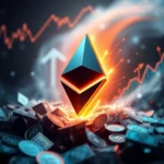 Der Ethereum-Kryptowährungs-Symbol leuchtet hell vor einem Hintergrund mit einem steigenden Aktienkurs und Bitcoin-Münzen.