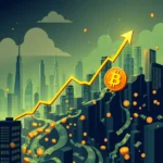 Ein stilisierter roter Pfeil zeigt in einem steigenden Diagramm über eine futuristische Stadt mit Wolkenkratzern und Bitcoin-Symbolen.