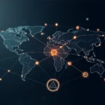 Eine stilvolle und moderne Darstellung einer Weltkarte mit leuchtenden Verbindungen und Punkten, die ein globales Netzwerk oder eine Datenverbindung symbolisieren.