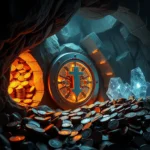Ein Schatz in einer Höhle mit Goldmünzen und einem mysteriösen Portal, umgeben von Kristallen und Felsen, mit einem stilisierten Kreuzsymbol in der Mitte des Portals.