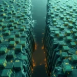 Abstrakte 3D-Darstellung von zwei Kanten aus strukturierten Würfeln, die eine Spalte oder einen Weg bilden, mit leuchtend grünen und gelben Lichtern, die in die tiefe, neblige Mitte hineinführen.