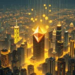 Ein stilisiertes Ethereum-Logo schwebt über einer futuristischen Stadt bei Nacht, umgeben von goldenen Kryptowährungssymbolen und Lichtern, die digitale Transaktionen darstellen.