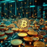 Goldene Bitcoin-Münze, die auf einem Netzwerk aus digitalen Verbindungen sitzt, mit vielen weiteren goldenen Münzen, die im Hintergrund verstreut sind.