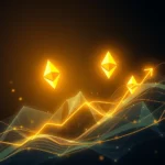 Drei leuchtend gelbe Ethereum-Symbole schweben über einem abstrakten 3D-Graphen, der eine aufsteigende Linie zeigt, die von einem Pfeil nach oben gekrönt wird.