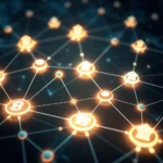 Ein Netzwerk aus leuchtend orangefarbenen Symbolen, die durch weiße Linien verbunden sind, darunter ein Bitcoin-Symbol und mehrere Bankensymbole.
