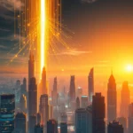 Ein strahlender Lichtstrahl schießt aus dem Himmel über einer geschäftigen Stadt voller hoch aufragender Wolkenkratzer, deren Spitzen im goldenen Licht der aufgehenden Sonne erstrahlen und ein Gefühl von Energie und Fortschritt vermitteln.