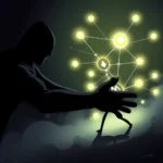 Ein Schattenmann mit Kapuze streckt seine Hand aus, um ein Netzwerk aus leuchtenden Kreisen mit Linien und einem stilisierten Diamant- und "M"-Symbol in der Mitte zu berühren, während eine kleine, stilisierte Figur unter seiner Hand steht.