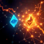 Zwei Ethereum-Kryptowährungssymbole, eines blau und eines orange glühend, sind durch ein leuchtendes Netzwerk mit einzelnen Knotenpunkten verbunden. Im Hintergrund sind zwei Chartlinien in orange dargestellt, die auf steigende und fallende Kurse hindeuten, die mit dem Netzwerk verbunden sind.