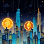 Bitcoin und Ethereum-Symbole über einer nächtlichen Stadtlandschaft mit stilisierten Hochhäusern und Finanzdiagrammen im Hintergrund.