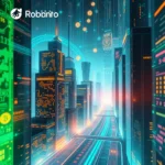 Ein futuristisches Cyberpunk-Stadtbild mit leuchtenden Wolkenkratzern, die mit Bitcoinsymbolen und digitalen Datenanzeigen geschmückt sind, über einer neonbeleuchteten Autobahn.