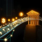 Eine goldene Nachbildung eines klassischen griechischen Tempels mit Säulen und Giebel steht auf einem Felsen und wird von einem Strom leuchtender blauer und gelber Linien umgeben, der sich zu einer Reihe von orangefarbenen Bitcoin-Symbolen erstreckt.