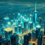 Neonbeleuchtete Skyline einer futuristischen Stadt bei Nacht mit einem leuchtenden Diagramm, das sich über die Gebäude wölbt.