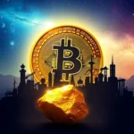 Ein goldener Bitcoin-Symbol, das im Himmel über einer Stadtsilhouette und einem Klumpen Gold leuchtet, unter einem sternenklaren Nachthimmel.