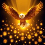 Ein Adler aus Gold mit ausgebreiteten Flügeln fliegt über ein Netzwerk von glühenden Dollar- und Bitcoin-Symbolen, die von einem hellen Lichtstrahl beleuchtet werden.
