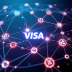 Ein Netzwerk mit vielen leuchtenden Knoten und Linien, das die Welt umspannt. In der Mitte des Bildes steht das Wort "VISA" in großen, leuchtenden weißen Buchstaben. Umgeben von verschiedenen Kryptowährungssymbolen wie Bitcoin, Ethereum und Ripple, die durch leuchtende Linien verbunden sind.