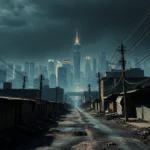 Eine staubige Straße führt zu einer futuristischen Stadt mit hoch aufragenden Wolkenkratzern, die in der Ferne hell leuchten, während auf beiden Seiten der Straße schäbige Gebäude und Stromleitungen stehen.