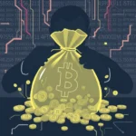Ein Mann in einem dunklen Anzug hält eine leuchtende gelbe Tasche mit einem Bitcoin-Symbol darauf. Die Tasche ist überfüllt mit Bitcoin-Münzen, die auf den Boden fallen. Im Hintergrund sind Zahlen und Finanzdiagramme zu sehen.