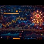 Ein komplexer Finanzbildschirm, der einen Bitcoin-Preisverlauf mit mehreren Diagrammen und einem Netzwerkdiagramm des Bitcoin-Netzwerks anzeigt.