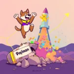 Ein Cartoon-Hund in einem violetten und gelben Band springt glücklich in die Luft, während ein gelber Bär auf einer Rakete steht, die in den Himmel schießt. Die Rakete stößt eine Flut von verschiedenen Kryptowährungssymbolen aus, darunter Bitcoin, Ethereum und Dollarzeichen. Unten liegen die Trümmer einer zerbrochenen Rakete mit der Aufschrift "9ojinan". Eine aufsteigende gelbe Linie, die den Erfolg symbolisiert, verläuft über den gesamten Himmel.