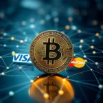 Ein Bitcoin liegt auf einer blauen, vernetzten Oberfläche, mit den Logos von Visa und Mastercard im Hintergrund.