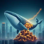 Ein riesiger, datengetriebener Wal mit Bitcoin-Münzen im Bauch schwebt über einer Skyline, während ein Aufwärtstrend-Diagramm dahinter aufsteigt.