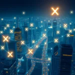 Eine Drohnenaufnahme einer Stadt bei Nacht mit leuchtenden, vernetzten Punkten, die sich wie ein Netzwerk über Hochhäuser und Autobahnen erstrecken.