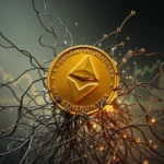 Ein goldener Ethereum-Coin, umgeben von einem Netzwerk aus schwarzen Drähten und Wassertropfen, mit einem Börsenchart im Hintergrund.