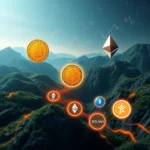Der Bitcoin- und Ethereum-Kryptowährungsmarkt mit verschiedenen Kryptowährungen, die durch leuchtende Linien in einer Berglandschaft verbunden sind.