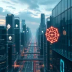 Eine futuristische Stadt mit hohen Wolkenkratzern, die mit Ethereum-Logos und einem roten neonartigen Spinnennetz verziert sind, mit beleuchteten Autobahnen, die sich in der Ferne erstrecken.