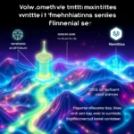 Abstrakcyjny, neonowy krajobraz górski z połączeniami świetlnymi, przedstawiający wieżę, budynki i symbole połączone liniami.