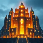 Ein großes, mehrstöckiges Gebäude, das einer mittelalterlichen Burg ähnelt, ist nachts beleuchtet. Das Gebäude hat mehrere Türme mit spitz zulaufenden Dächern, von denen die meisten mit dem Ethereum-Symbol beleuchtet sind. Die Fassade des Gebäudes ist mit zahlreichen kleineren Ethereum-Symbolen verziert, die in einem warmen, orangefarbenen Licht leuchten. Im Vordergrund befindet sich eine breite Treppe, die zu den Haupttüren des Gebäudes führt. Der Himmel ist dunkel und bewölkt, was die dramatische Beleuchtung des Gebäudes hervorhebt.