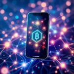 Ein Smartphone mit einem leuchtenden Bitcoin-Symbol auf dem Bildschirm, das in einem abstrakten Netzwerk aus Lichtern und Linien schwebt.