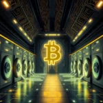 Ein großer, leuchtender Bitcoin-Symbol in Gelb steht in der Mitte eines futuristischen Raumes, der mit vielen Waschmaschinen und Lichtern gefüllt ist.