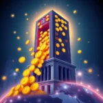 Eine stilisierte Darstellung eines Bitcoin-Gebäudes auf der Erde, aus dessen oberem Teil Bitcoin-Münzen herausfließen und in den Nachthimmel fallen.