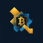 Der Bitcoin-Schriftzug befindet sich in einem stilisierten, modernen Design mit überlappenden geometrischen Formen in Gold und Blau vor einem dunklen Hintergrund.