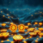 Złote monety Bitcoin na ciemnoniebieskiej, pofałdowanej powierzchni z pomarańczowymi punktami świetlnymi i połączeniami, tworzące poczucie sieci lub połączenia.