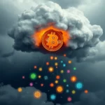 Eine Bitcoin-Münze leuchtet hell in einer dunklen Wolke, aus der verschiedene Kryptowährungs-Symbole wie ein Regenschauer fallen.