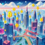 Ein futuristisches Stadtbild mit hoch aufragenden Wolkenkratzern und einer Reihe von Bitcoin- und Dollarzeichen, die in der Luft schweben.
