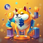 Ein stilisierter Shiba Inu mit einem Bitcoin-Symbol auf der Brust, umgeben von einer Weltkugel, Bitcoin-Münzen, Dollar-Symbolen und Finanzdiagrammen auf einem goldenen Hintergrund.