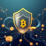 Ein goldenes Bitcoin-Symbol ist auf einem transparenten Schild mit einem goldenen Rand zu sehen, das von einem elektronischen Schaltsystem und einer Waage umgeben ist.