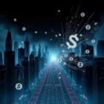 Ein futuristisches Stadtbild mit einer Explosion von Dollarzeichen, die von einer hellen Lichtquelle ausgehen und sich über eine geschäftige neonbeleuchtete Straße erstrecken.