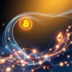 Abbildung von Bitcoin und Ethereum Krypto Währungen im Neon Licht und Rauch.