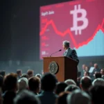 Ein Mann in einem Anzug steht hinter einem Podium mit dem Bitcoin-Logo und spricht zu einem Publikum, während auf einer Leinwand hinter ihm ein Bitcoin-Diagramm zu sehen ist.