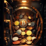Ein geöffneter Tresor mit einer großen Menge goldener und silberner Bitcoin-Münzen darin.