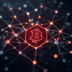 Ein neonbeleuchtetes Bitcoin-Symbol in der Mitte eines abstrakten Netzwerks aus leuchtenden Kreisen und Linien.