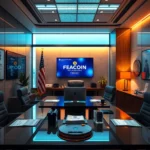 Ein Besprechungsraum mit einem großen Bildschirm, auf dem „FEACOIN“ angezeigt wird, mit einem amerikanischer Fahne davor.