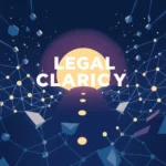 Ein Bild mit dem Text "LEGAL CLARICY" in großen, weißen Buchstaben. Der Text ist vor einem hellgelben Kreis platziert, der eine Sonne oder einen Mond darstellt. Darunter ist eine dunkle Silhouette eines Hügels oder einer Straße mit mehreren gelben Kreisen, die Lichter darstellen. Der Hintergrund ist dunkelblau und zeigt ein komplexes Netzwerk aus blauen und gelben Linien und Formen, die wie ein Sternenhimmel oder ein Datennetzwerk aussehen.