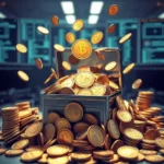 Ein goldener Haufen Bitcoin-Münzen, der aus einer geöffneten metallenen Kiste quillt, mit weiteren Münzen, die in der Luft schweben, und einem Hintergrund mit unscharfen Computermonitoren.